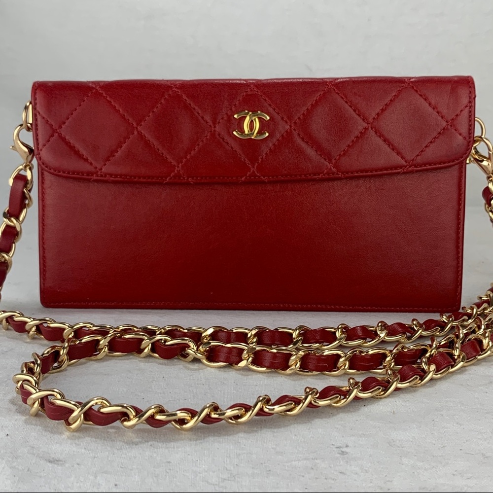 CHANEL Red Classic Flap Pouch on Chain